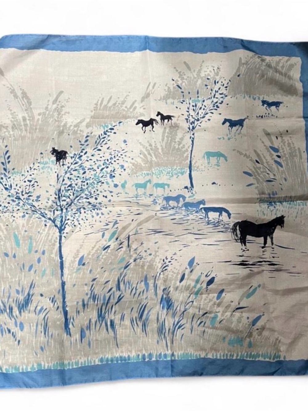 Scenic Horse Print Silk Scarf in Blues and Greys